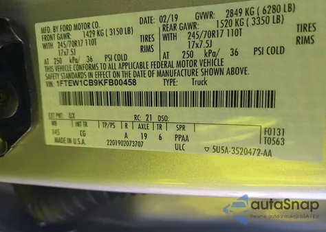 2019 Ford F-150 Xl из США, поврежденный, VIN 1FTEW1CB9KFB00458